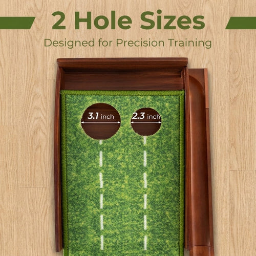 Airfind 10 ft Indoor Putting Mat with Wood Track, Auto Ball Return and 2 Hole Sizes, Brown