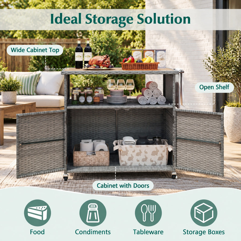 Airfind Outdoor Storage Cabinet with Acacia Wood Top and Lockable Wheels, 180 lbs Capacity, PE Rattan Acacia Wood Metal Frame, Gray