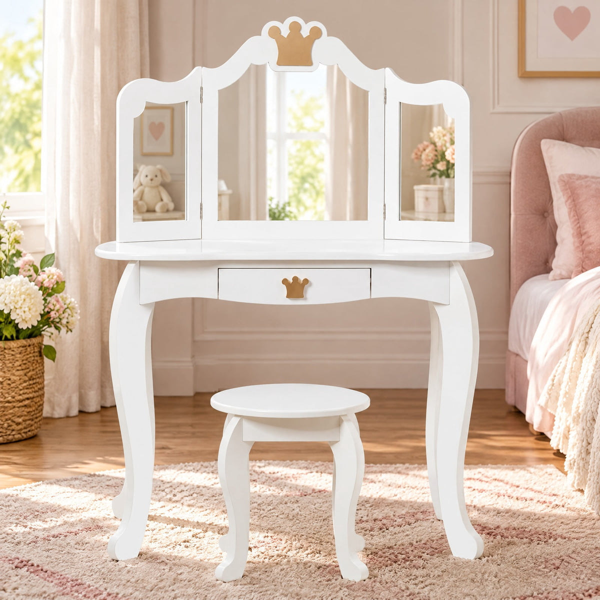 Airfind Kids Makeup Dressing Table with Tri-folding Mirror and Stool, 33 lbs Capacity, MDF pine Frame, 31.5in x 16.5in x 41.5in Footprint, White