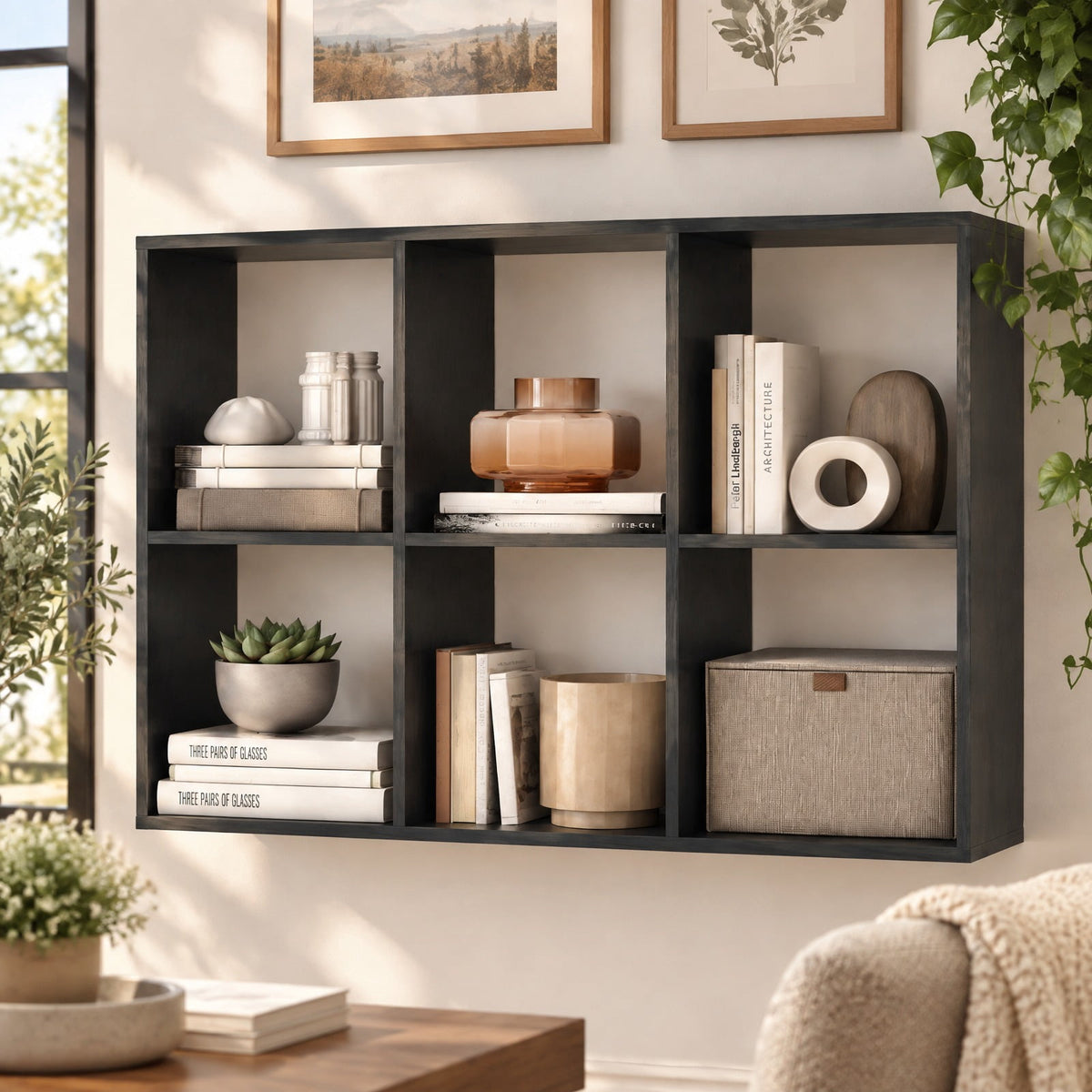 Airfind 6 Cube Bookshelf with Back Guardrail for Living Room Bedroom, 154 lbs Capacity, Engineered Wood Frame, 41 Inch x 13 Inch x 27.5 Inch Footprint, Black