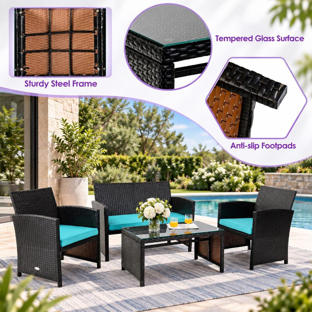 Airfind 4 Pieces Patio Rattan Cushioned Furniture Set, Rattan Frame, 43.5 x 25 x 31 Footprint, Product dimension of loveseat 43.5 x 25
