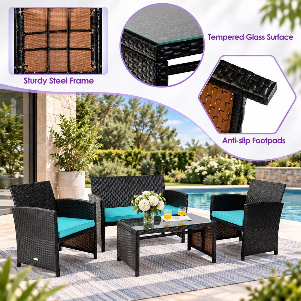 Airfind 4 Pieces Patio Rattan Cushioned Furniture Set, Rattan Frame, 43.5 x 25 x 31 Footprint, Product dimension of loveseat 43.5 x 25