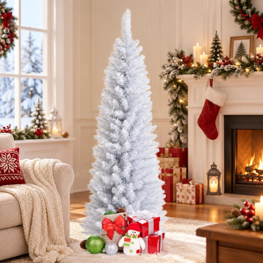 Airfind Slim Artificial Christmas Pencil Tree with PVC Needles and Folding Metal Stand-5ft, White, Branch tips create lush and dense appearance