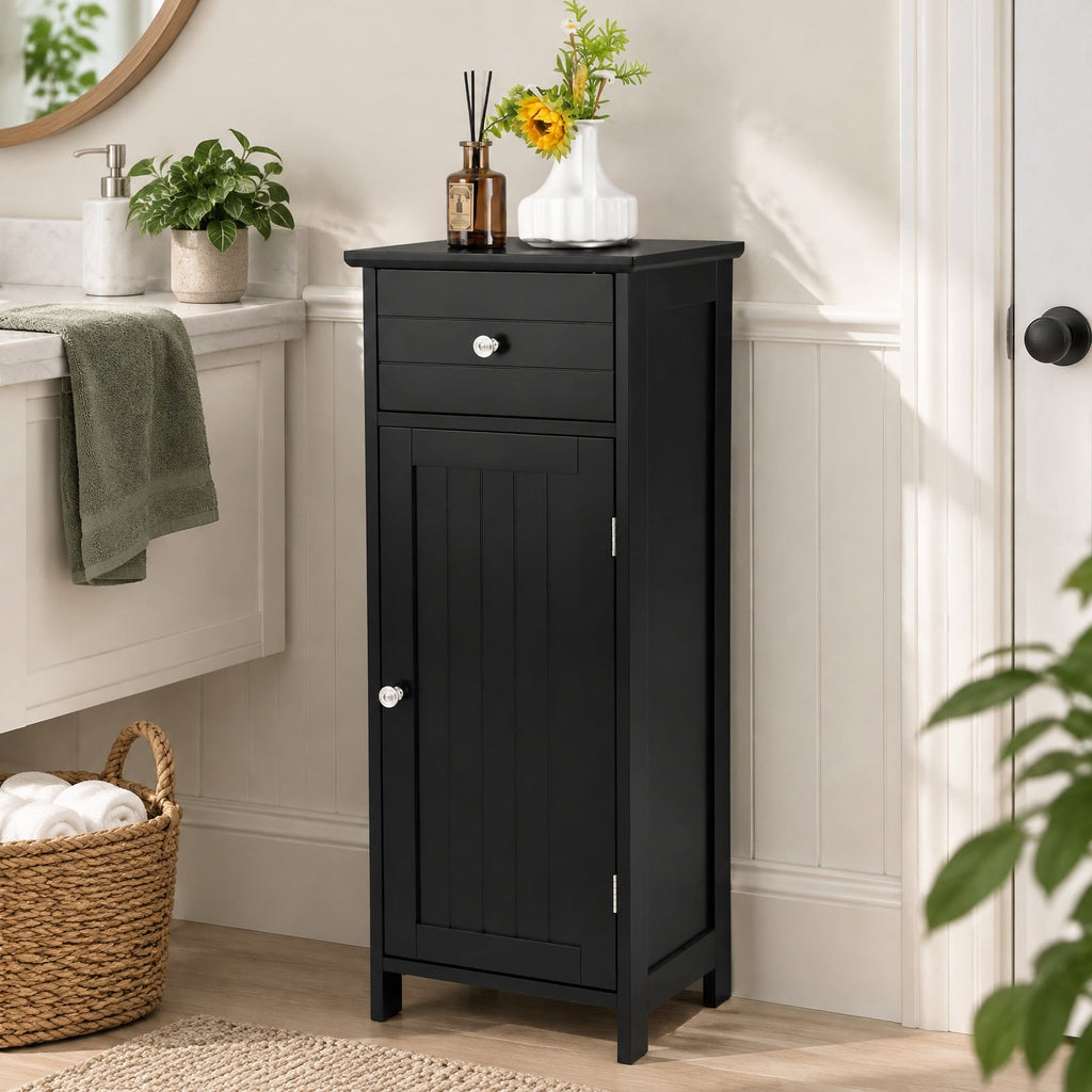 Airfind Wooden Bathroom Floor Storage Cabinet with Drawer and Shelf, 22 lbs Capacity, MDF Frame, 14 Inch x 12 Inch x 34.5 Inch Footprint, Black