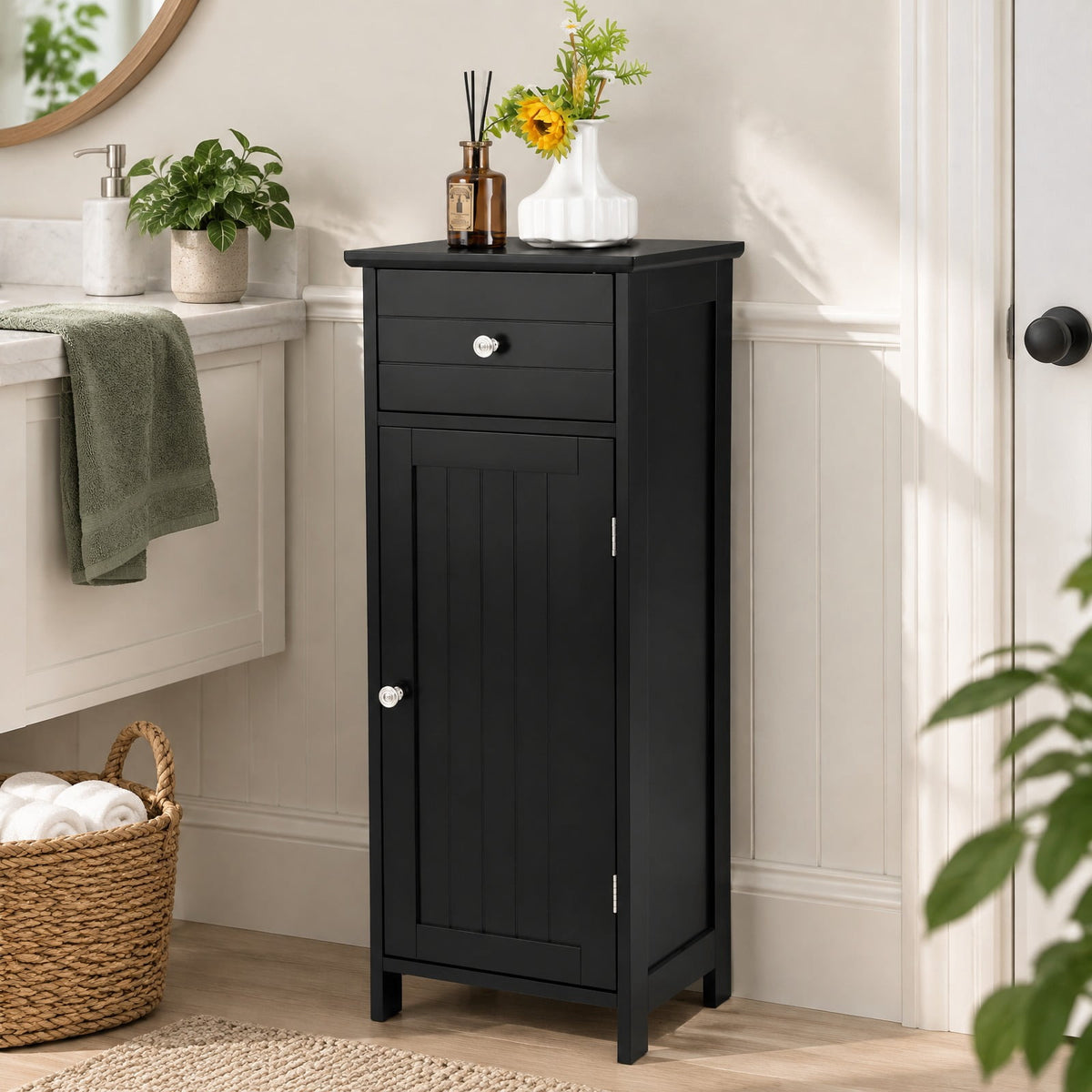 Airfind Wooden Bathroom Floor Storage Cabinet with Drawer and Shelf, 22 lbs Capacity, MDF Frame, 14 Inch x 12 Inch x 34.5 Inch Footprint, Black