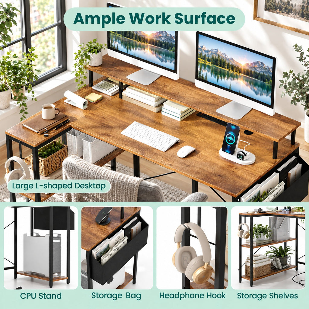Airfind L-Shaped Gaming Desk with LED Lights and Power Outlets, 200 lbs Capacity, Engineered Wood Metal Frame, 48 x 31.5 x 34.5 Footprint, Brown