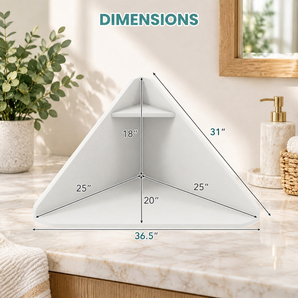Airfind Floating Triangular Corner Computer Desk with Storage Shelf, Engineered Wood Frame, White, Overall Dimensions 36.5 Inch x 31 Inch x 18 Inch Sid