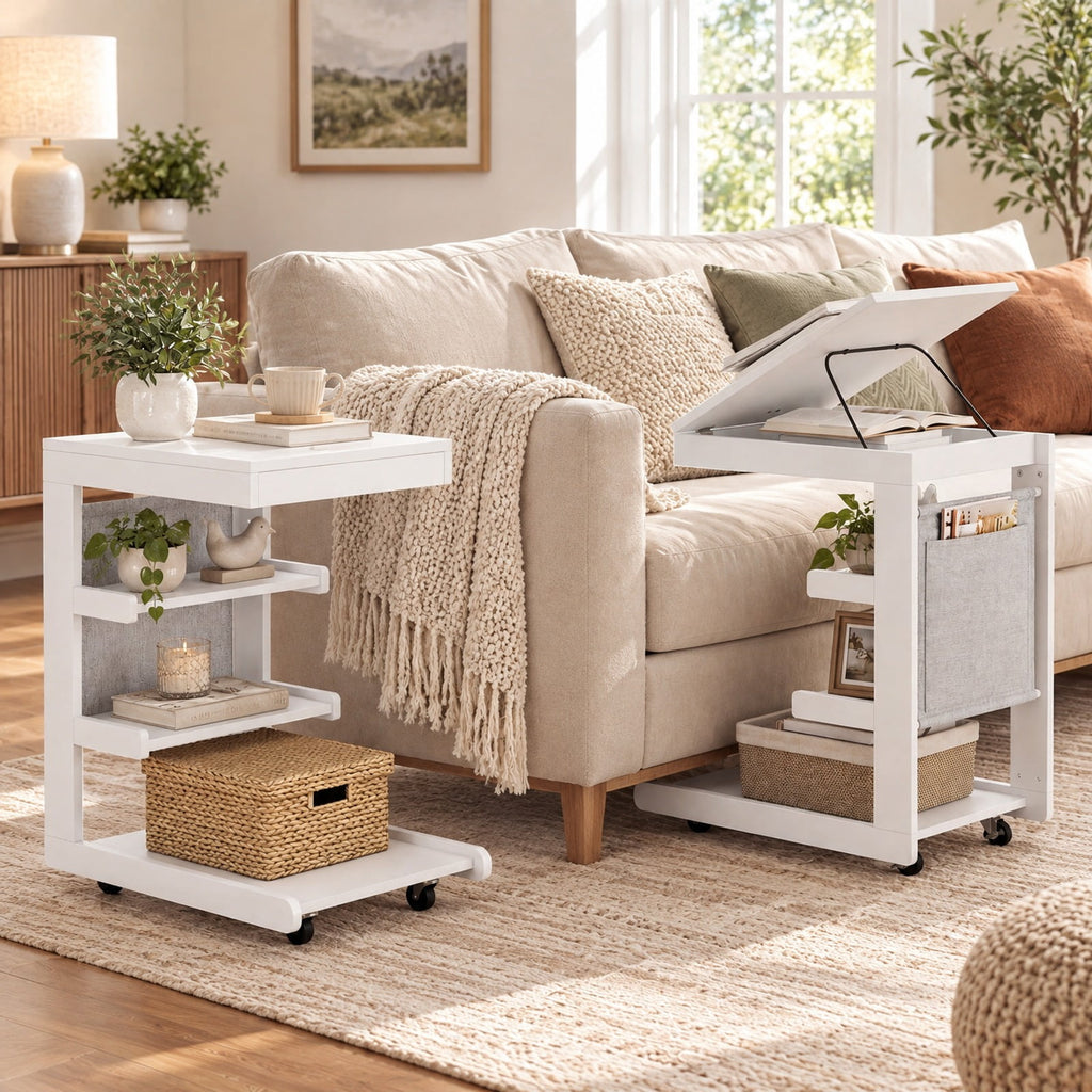 Airfind C-shaped End Table with Wheels and Adjustable Desktop for Sofa Couch Bedside, 210 lbs Capacity, Rubber Wood MDF Engineered Wood Fabric Frame