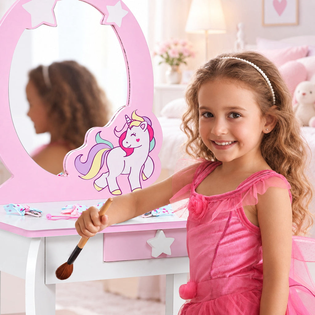 Airfind Kids Wooden Makeup Dressing Table and Chair Set with Mirror and Drawer, MDF Frame, 19 Inch x 14 Inch x 35 Inch Footprint, White