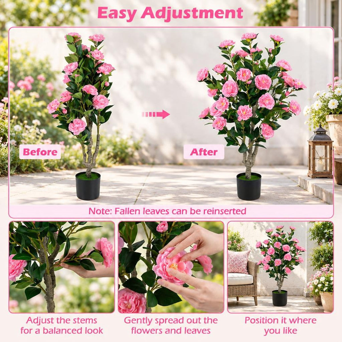 Airfind Set of 2 39.5 Artificial Camellia Tree with Orange Blossoms in Cement Pot for Decoration, Pink