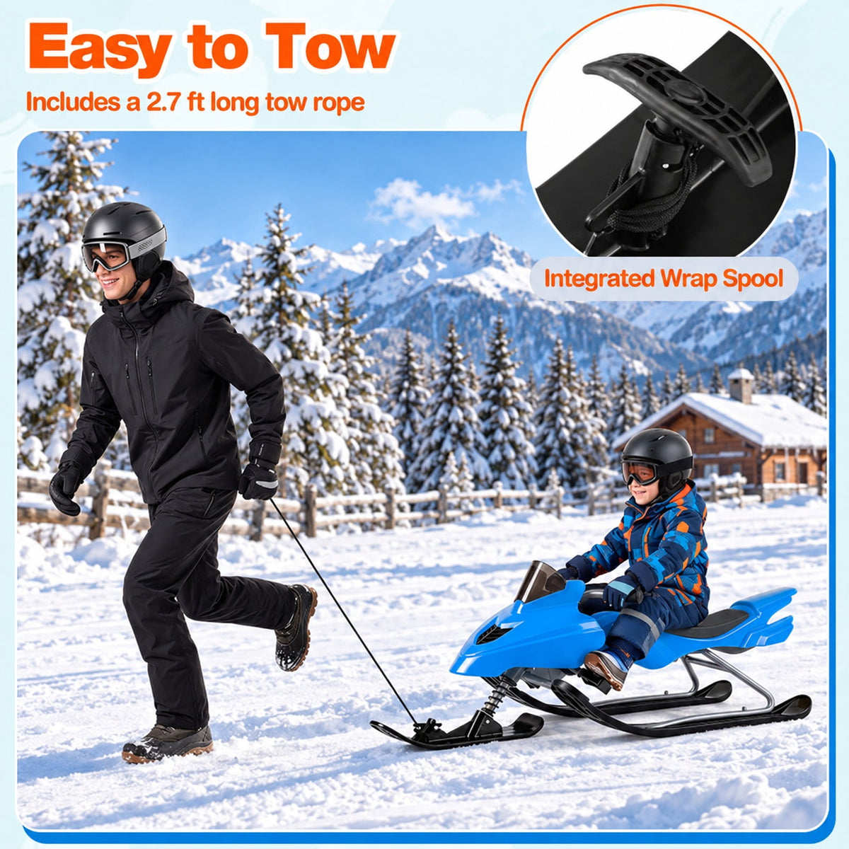 Airfind Kids Snow Racer Sled with Brakes and Tow Ropes and Steering Handle for Winter, 90 lbs Capacity, PP Metal Frame, for 6-12 Years Old, Blue