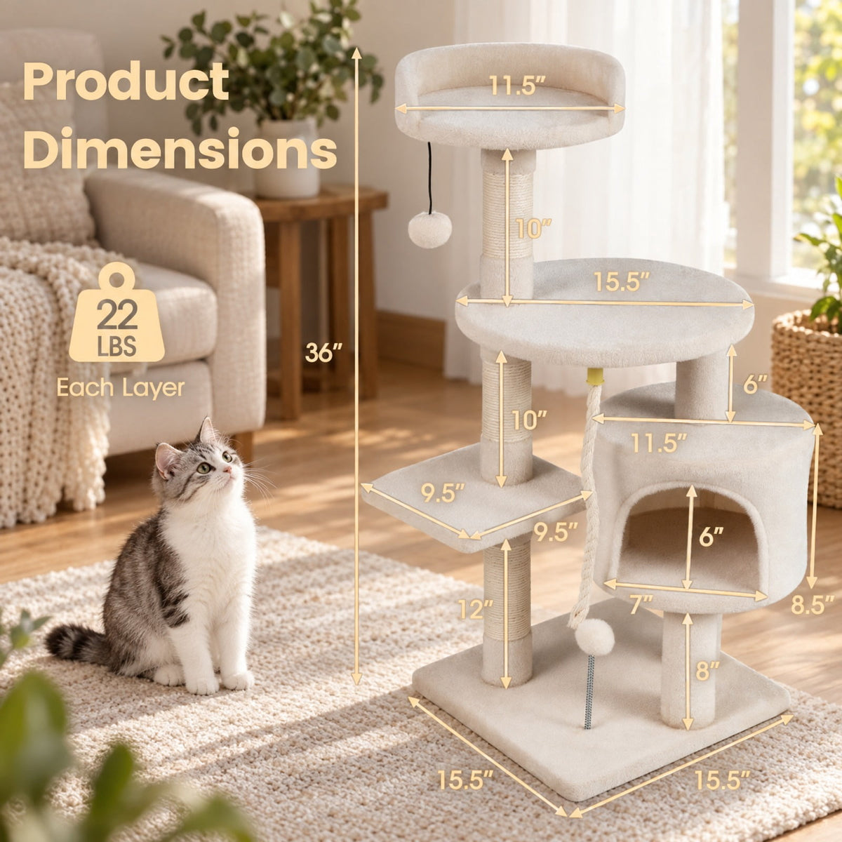 Airfind 36 Inch Tall Kitten Tower with Condo and Plush Perch, 22 Lbs Capacity, Engineered Wood Sponge Plush Fabric Sisal Base, Beige