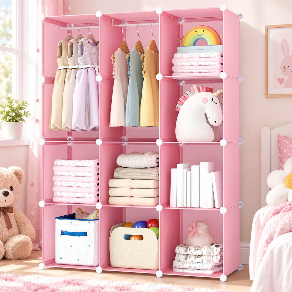 Airfind Modular Baby Wardrobe with 10 Cubes Hanging Rod and Shelves Stackable, 6.5 lbs Capacity, PP Frame, 43 x 14 x 57 Footprint, Pink