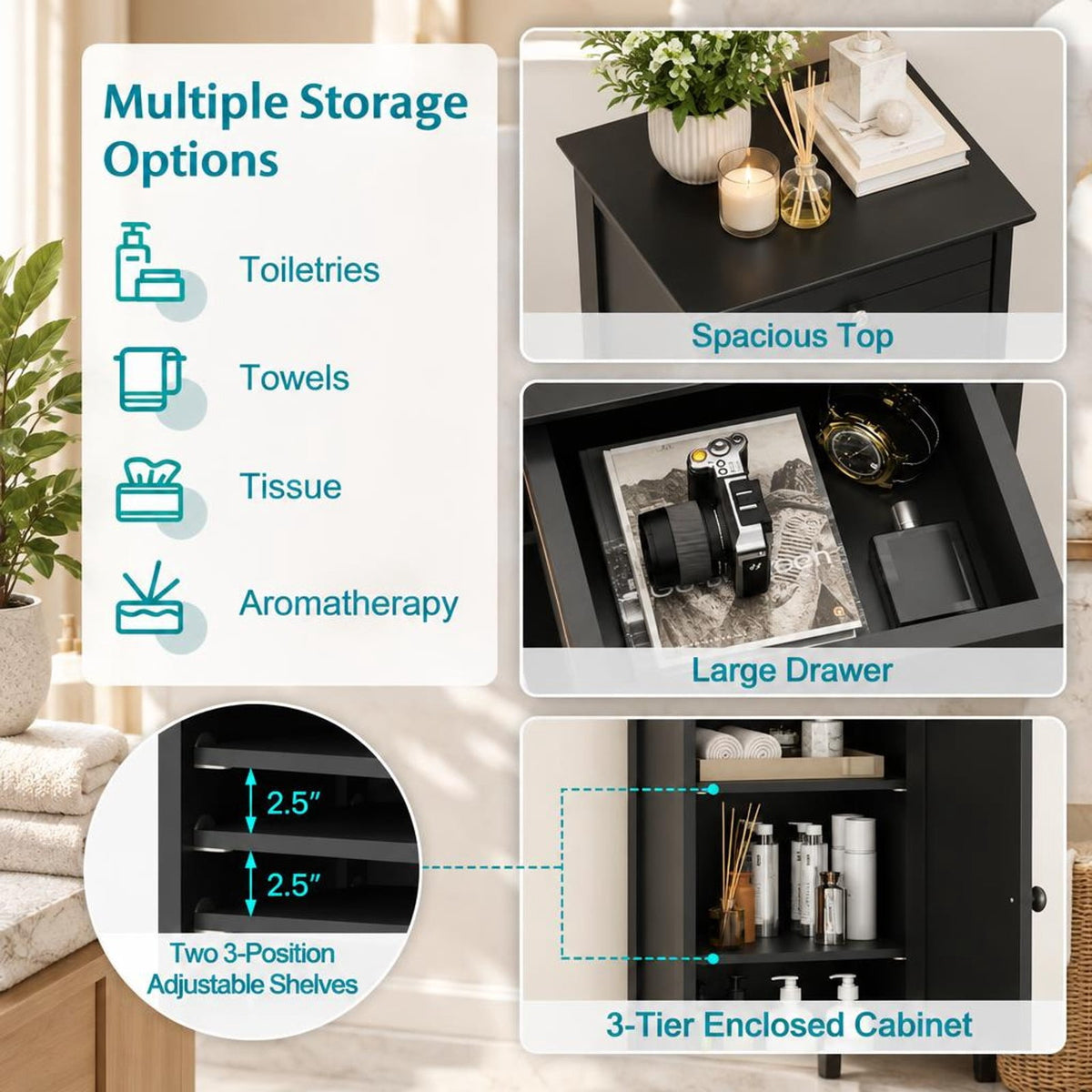 Airfind Wooden Storage Free-Standing Floor Cabinet with Drawer and Shelf, 132 lbs Capacity, MDF Frame, 14in x 12in x 34.5in Footprint, Black