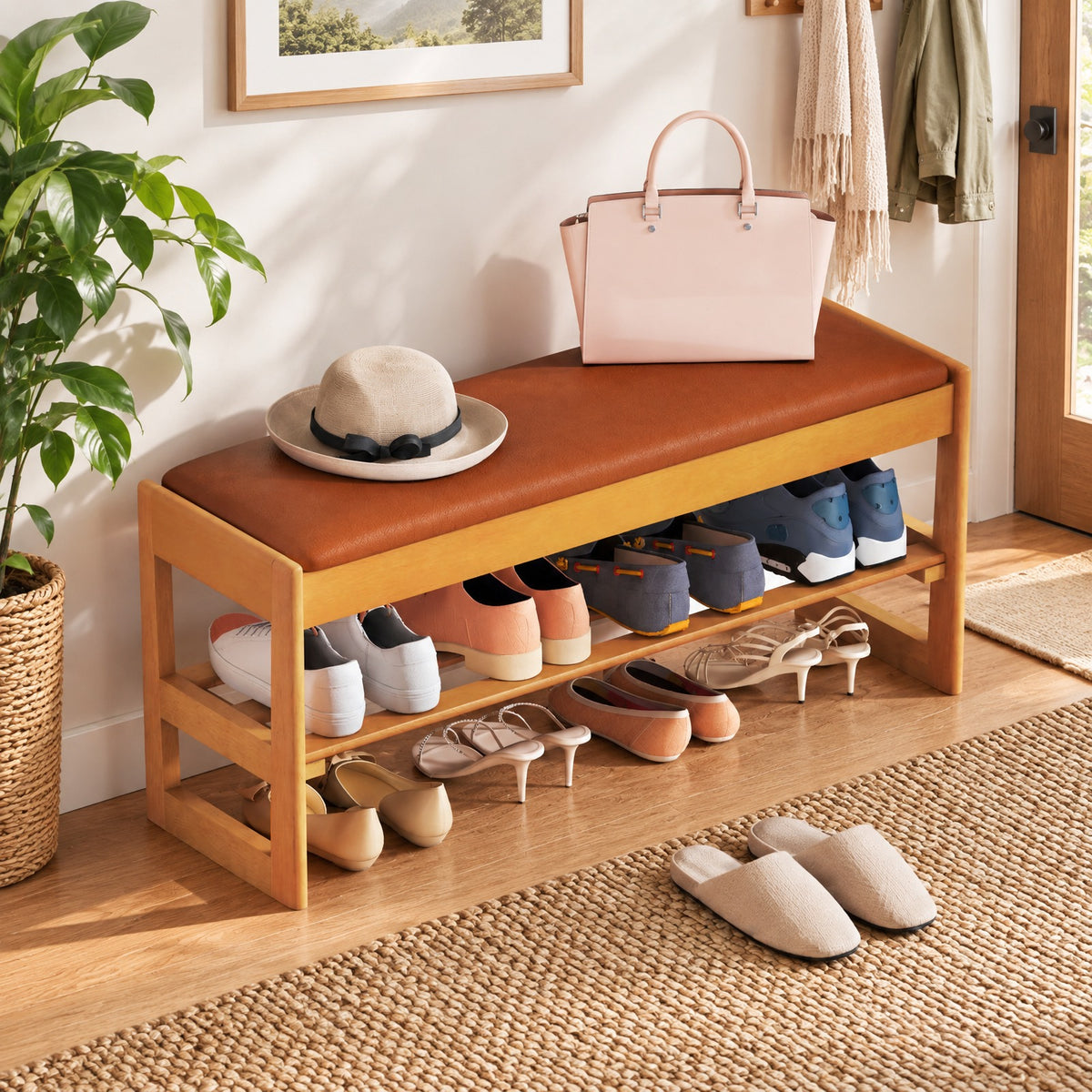 Airfind Shoe Rack Bench with Storage 2-Tier Rubberwood Entryway Bench with Flip-Open Storage, 400 lbs Capacity, 40in x 13.5in x 17in Footprint, Brown