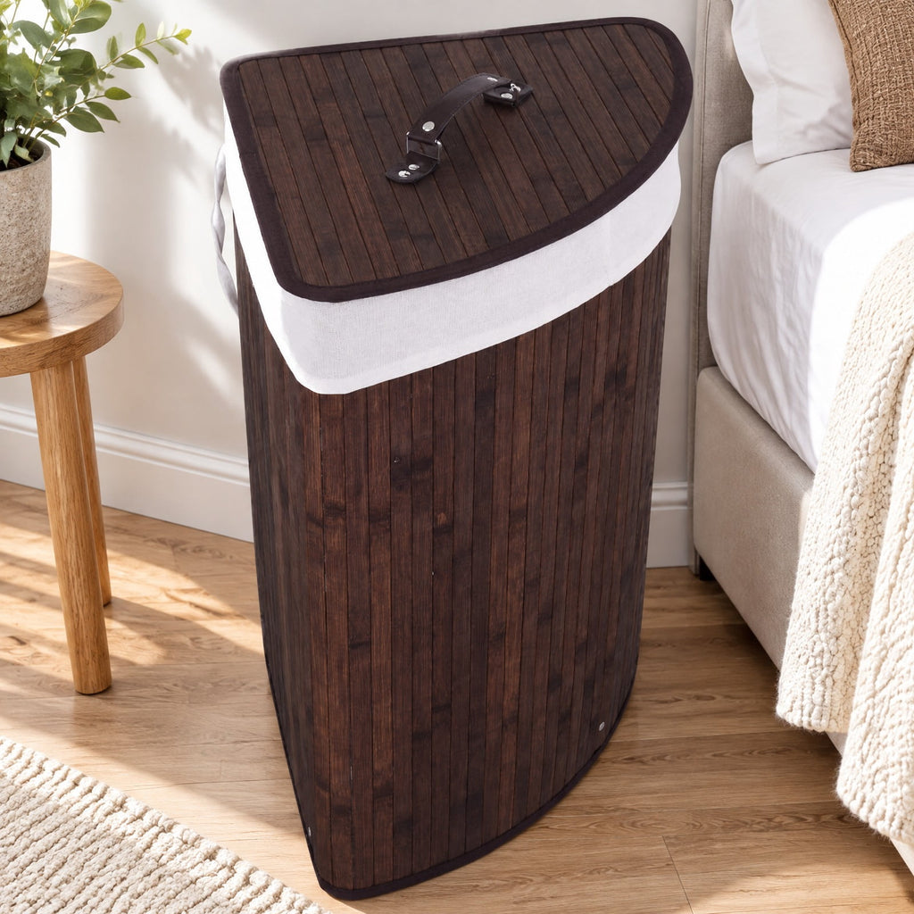 Airfind Corner Bamboo Hamper Laundry Basket, Bamboo and polyester cotton Frame, Brown, Easy to carry with a handle on each side
