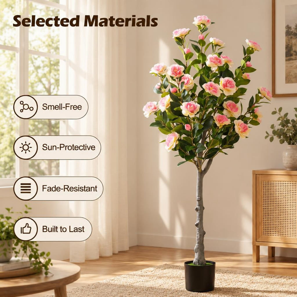 Airfind Artificial Camellia Tree with 27 Blossoms in Cement Pot for Home-Set of 1, Pink Green Black