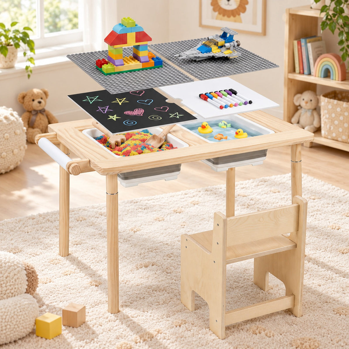 Airfind Kids Sensory Table Set with Adjustable Height and 2 Storage Bins, 165 lbs Capacity, Pine Wood Plywood Engineered Wood Frame, Natural