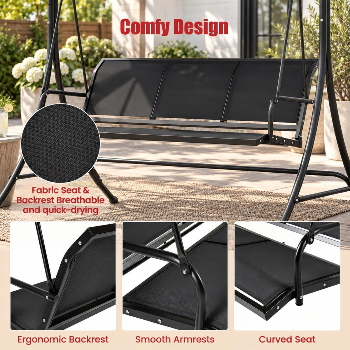 Airfind 3-Seat Patio Swing Chair with Adjustable Canopy, 800 lbs Capacity, Metal Frame, 75 Inch x 48 Inch x 67 Inch Footprint, Black