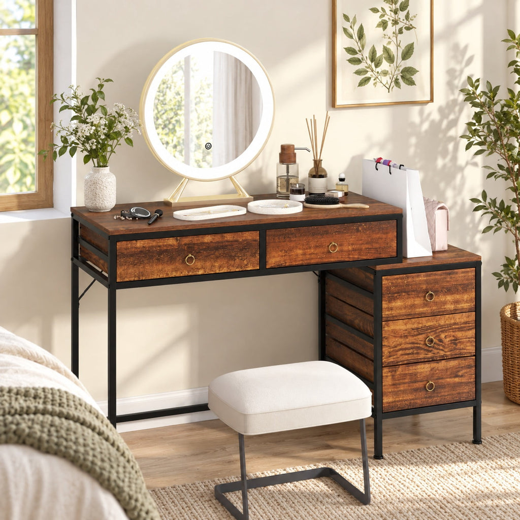 Airfind Computer Desk with 5 Drawers Home Office Desk with Side File Cabinet, 380 lbs Capacity, Engineered Wood Metal MDF Frame, Brown