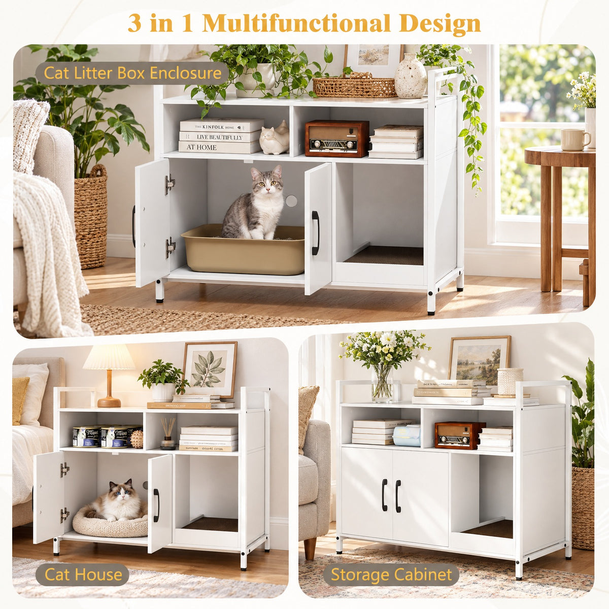 Airfind Hidden Cat Washroom with Double Doors and Scratch Cardboard, MDF Metal Frame, 35 x 17.5 x 29.5 Compartment Footprint, White