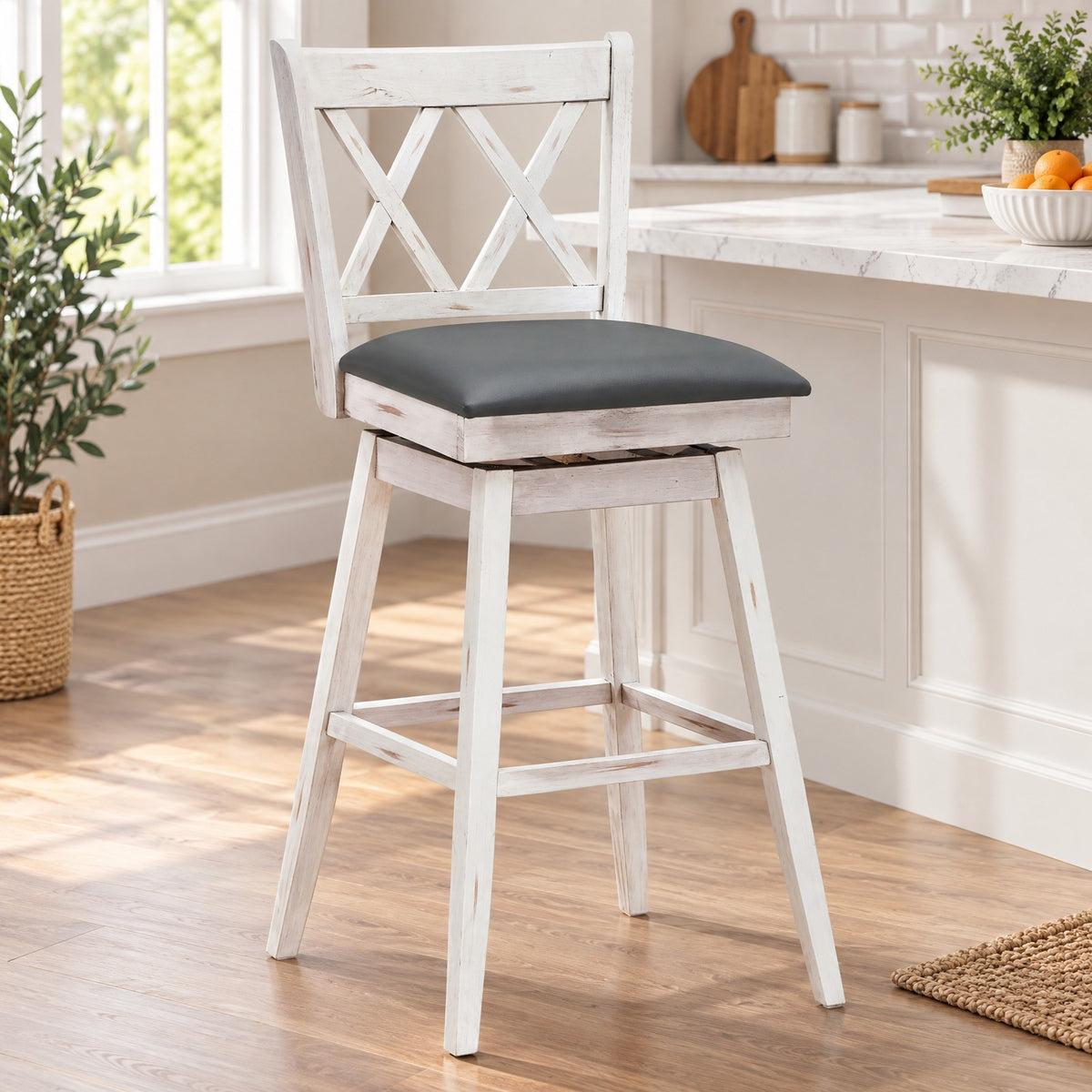 Airfind 2 Pieces 29 Inches Swivel Counter Height Barstool Set with Rubber Wood Legs, 265 lbs Capacity, PVC High density sponge rubber wood Frame
