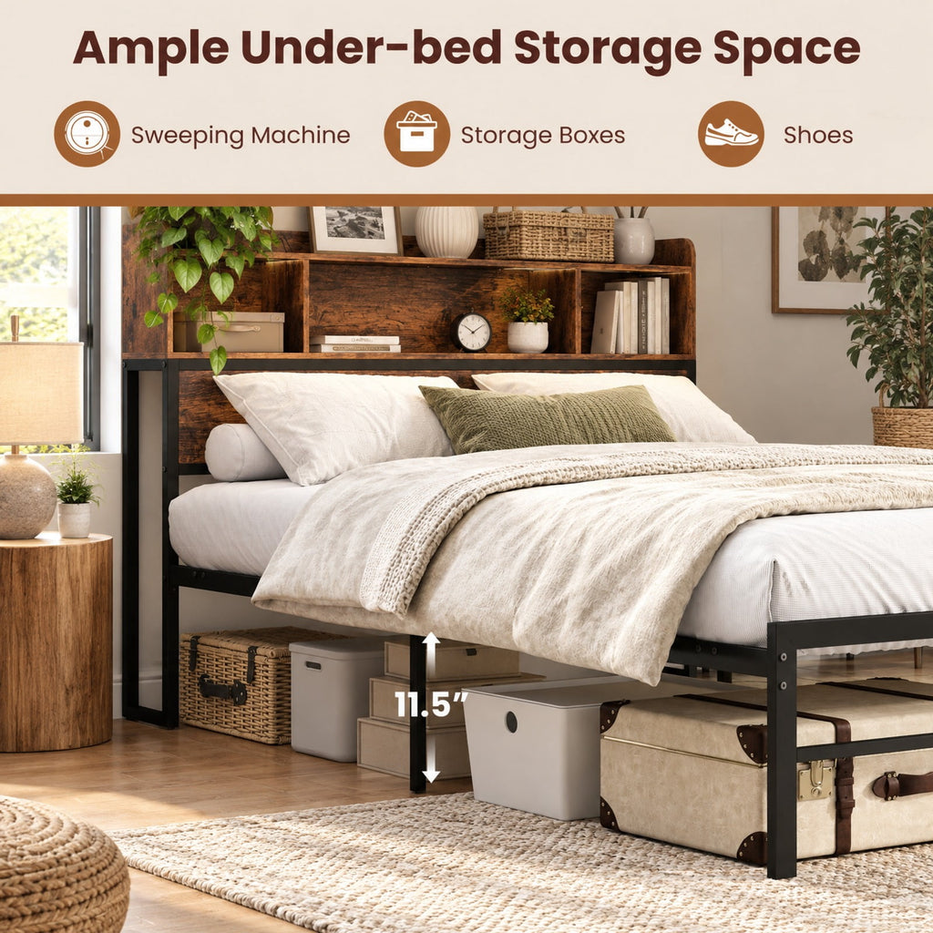 Airfind Full Size Bed Frame with Headboard LED Lights and Charging Station, 660 lbs Capacity, Metal Engineered Wood MDF Frame, Brown