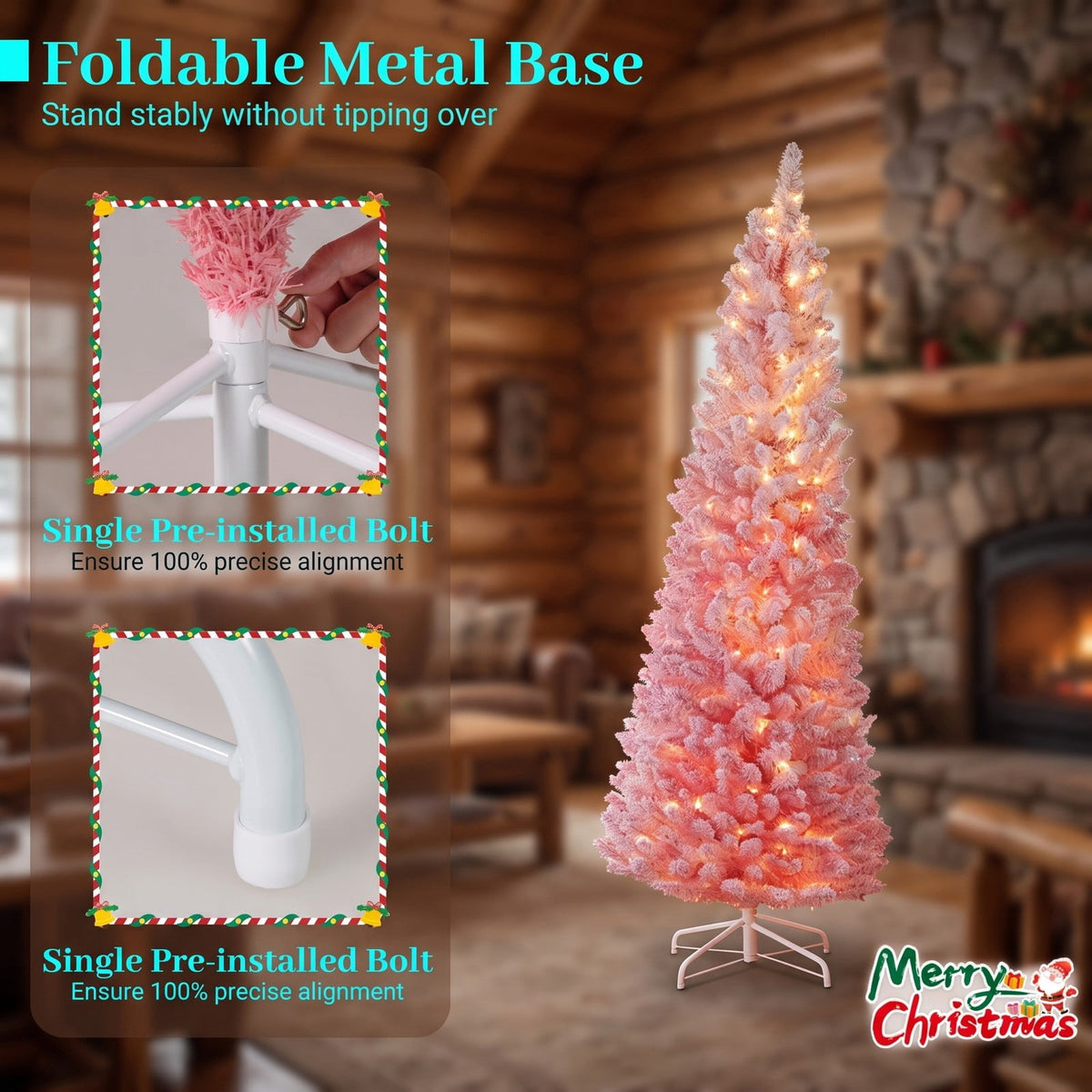 Airfind 6 FTSnow-flocked Artificial Pink Christmas Tree Pre, PVC Metal Tree Height 6 ft / 7 ft Tree Width 1.6 ft / 2 ft Frame, Pink