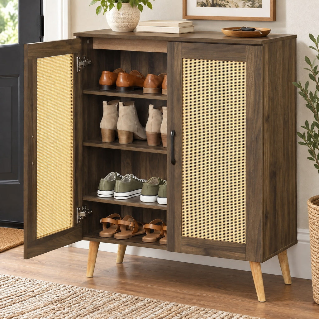 Airfind 5-Tier Rattan Shoe Cabinet with 3 Removable Shelves, 155 lbs Capacity, Engineered Wood Rattan Rubber Wood Frame, 29.5 x 14x 37 Footprint