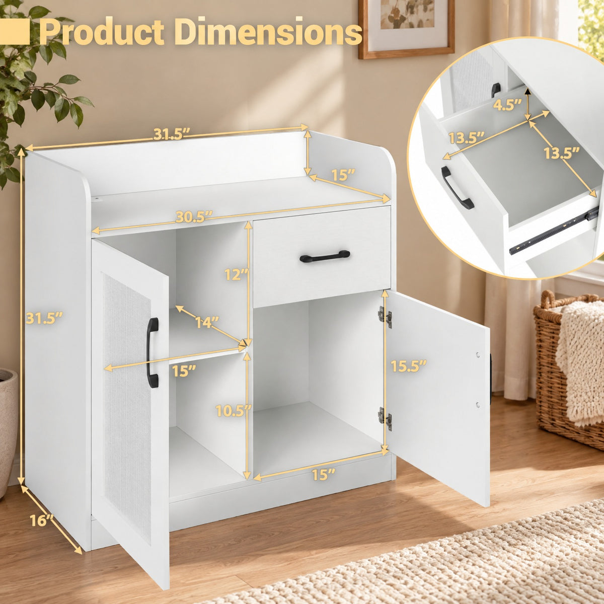 Airfind LED Buffet Sideboard with Charging Station with Drawer and Translucent Fluted Door, 110 lbs Capacity, Engineered Wood MDF PC Frame, White