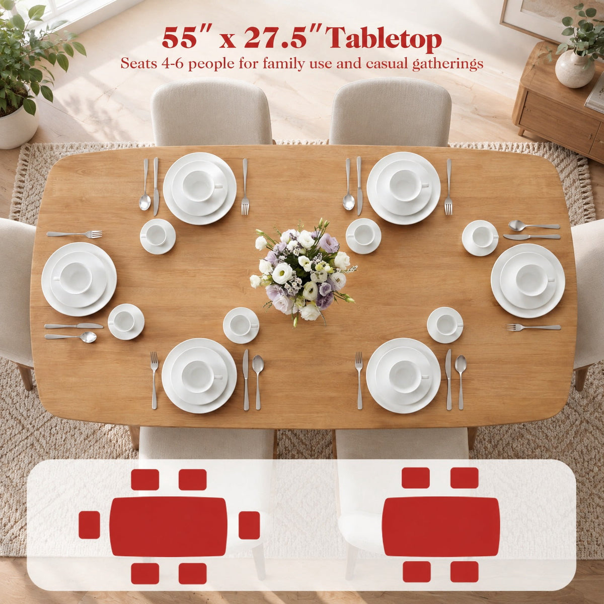 Airfind 55 Solid Wood Dining Table for 4-6 People with Rounded Edges, 220 lbs Capacity, 55 x 27.5 x 30 Footprint, Natural