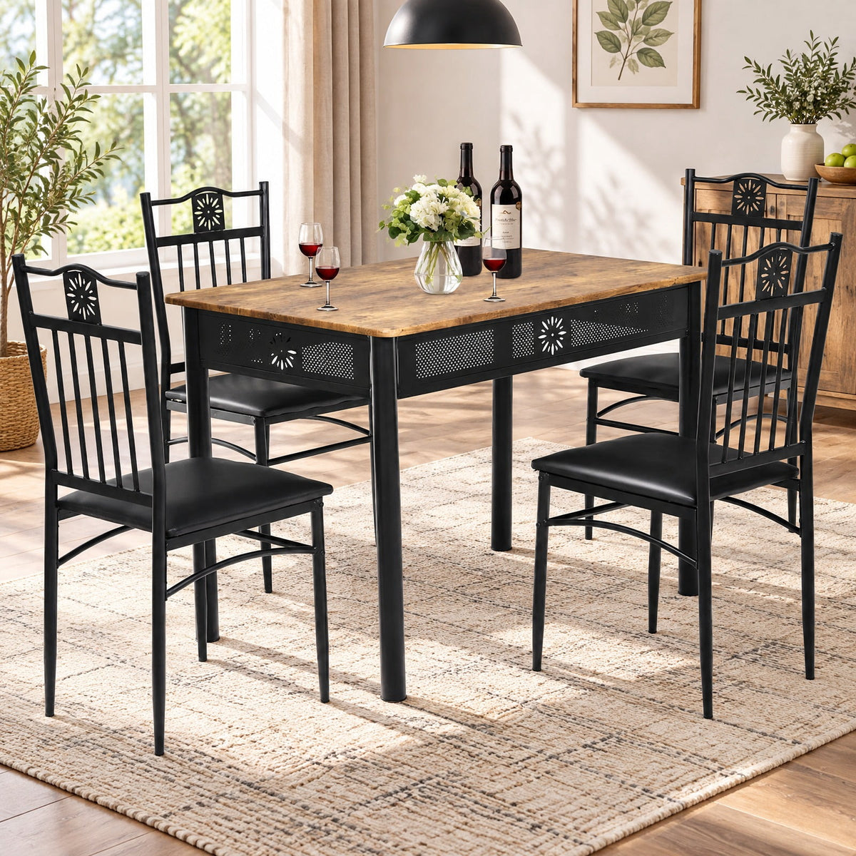 Airfind 5 Pcs Dining Set Wood Metal Table and 4 Chairs with Cushions, 132 lbs Capacity, Steel tube and MDF Frame, Black