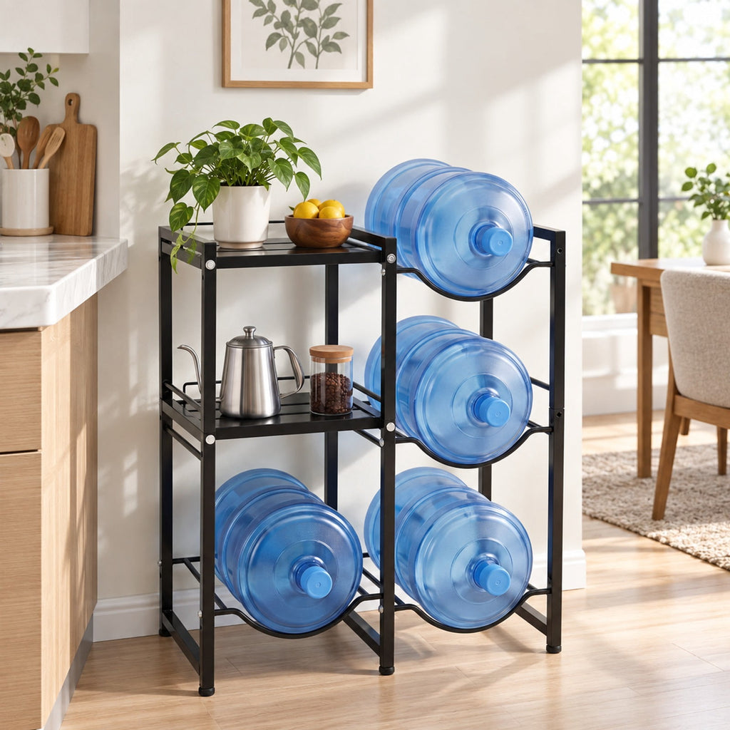 Airfind 3-Tier 5 Gallon Water Jug Holder with Shelves, 45 lbs Capacity, Carbon Steel Frame, Black, 4 bottle slots for 5-gallon water bottles