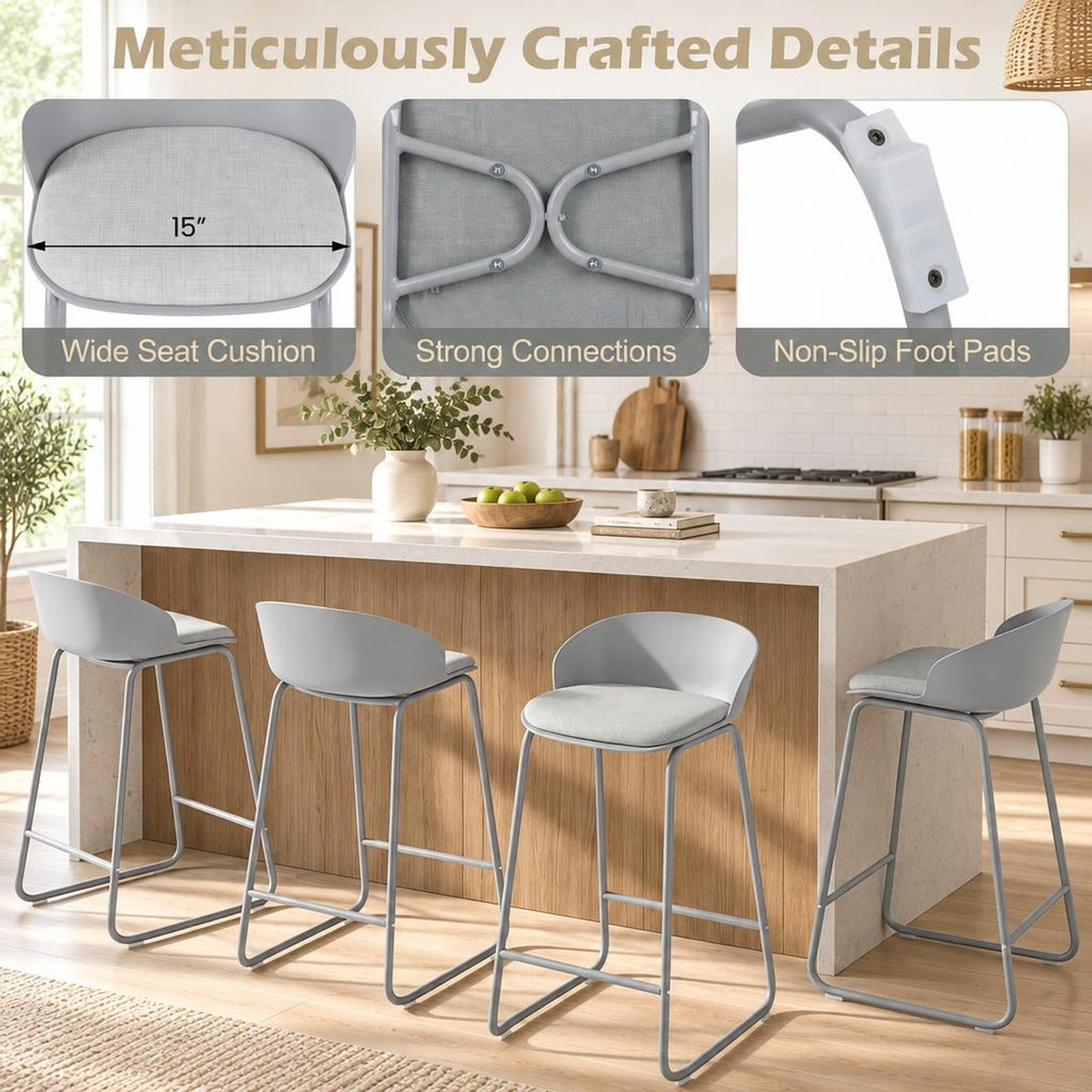 Airfind Counter Height Bar Stools, Set of 2, with Curved Backrest and Metal Frame for Kitchen Dining, 330 lbs Capacity, Gray