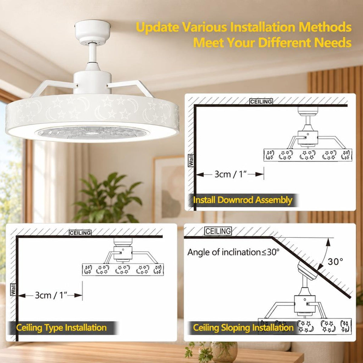 Airfind 23 Inch Ceiling Fan with LED Light and Remote Control, Iron ABS Frame, 23 Inch x 10.5 Inch - 20 Inch Footprint for Everyday Use, White