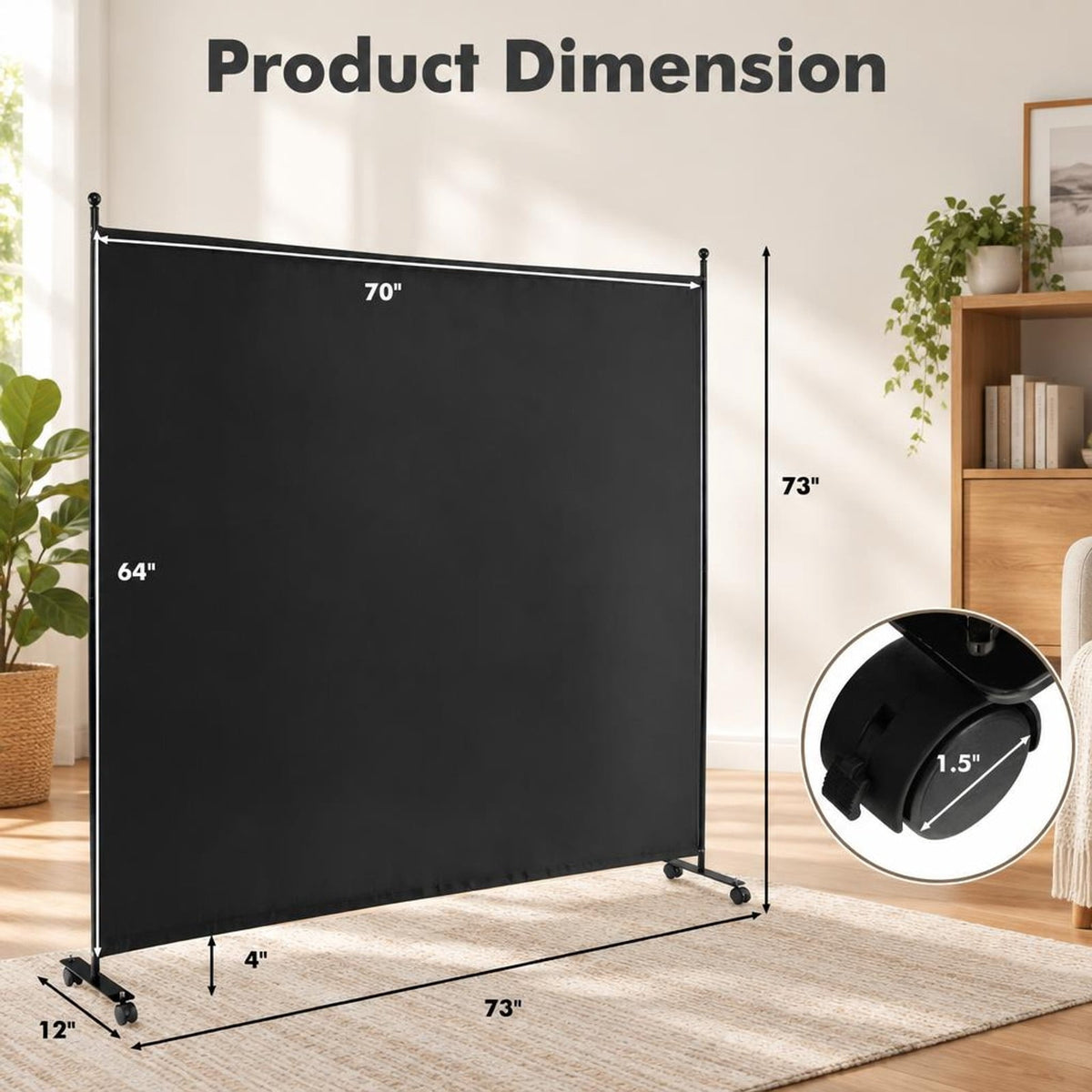 Airfind 6 Feet Single Panel Rolling Room Divider with Smooth Wheels, Metal polyester Frame, 73 x 12 x 73 Footprint, Black