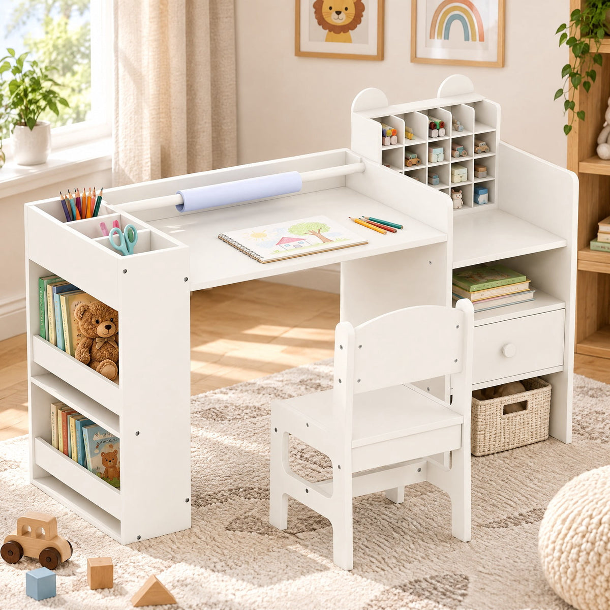 Airfind Kids Art Table and Chair Set with Detachable Paper Roll Holder and Cabinet, 66 lbs Capacity, MDF Frame, for 3+, White
