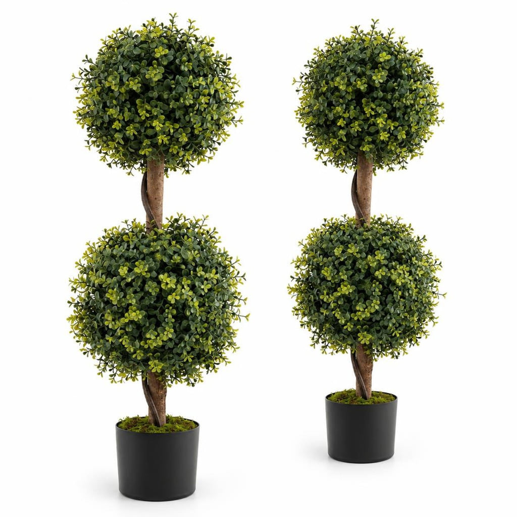Airfind Set of 2 Artificial Double Topiary Ball Trees, PE Birch Wood Natural Moss PP Cement Overall Height 35.5 Frame, Green