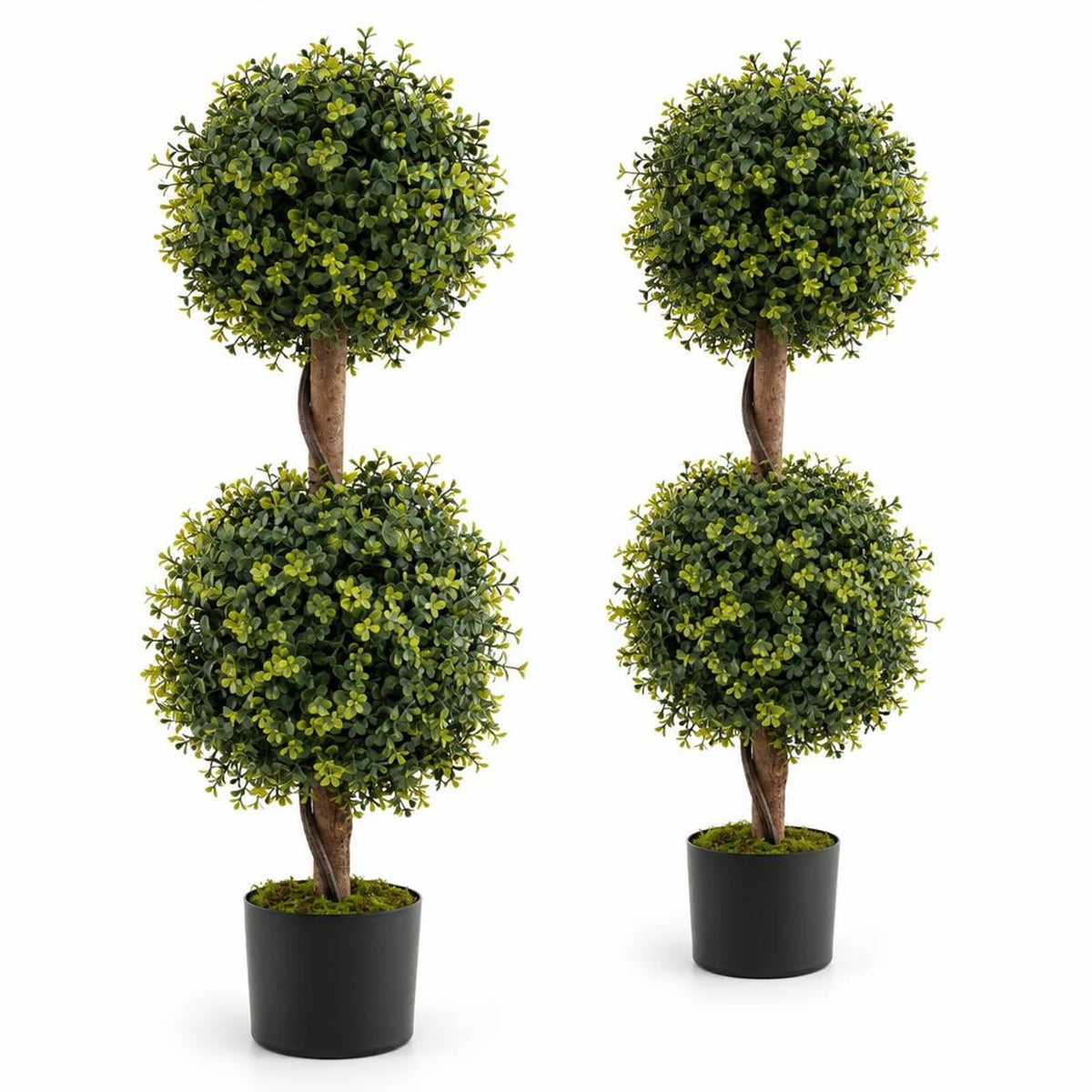 Airfind Set of 2 Artificial Double Topiary Ball Trees, PE Birch Wood Natural Moss PP Cement Overall Height 35.5 Frame, Green