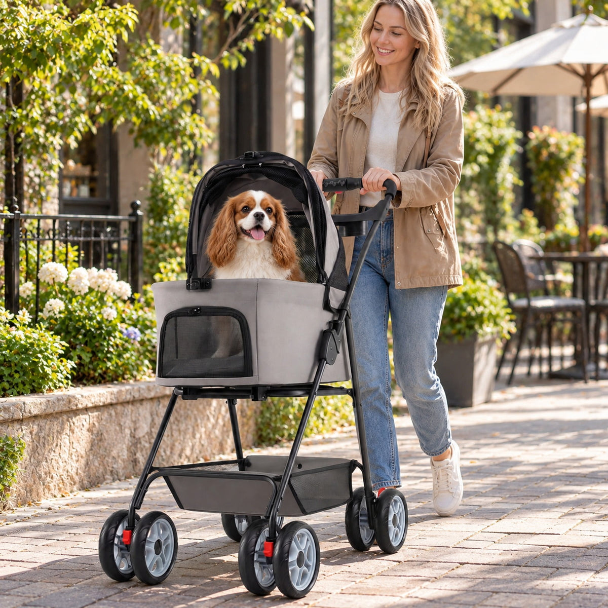 Airfind 3 in 1 Pet Stroller with Removable Carrier up to 33 lbs, 33 lbs Capacity, 300D Oxford Cloth Metal Mesh Sponge PU PP Frame, Gray
