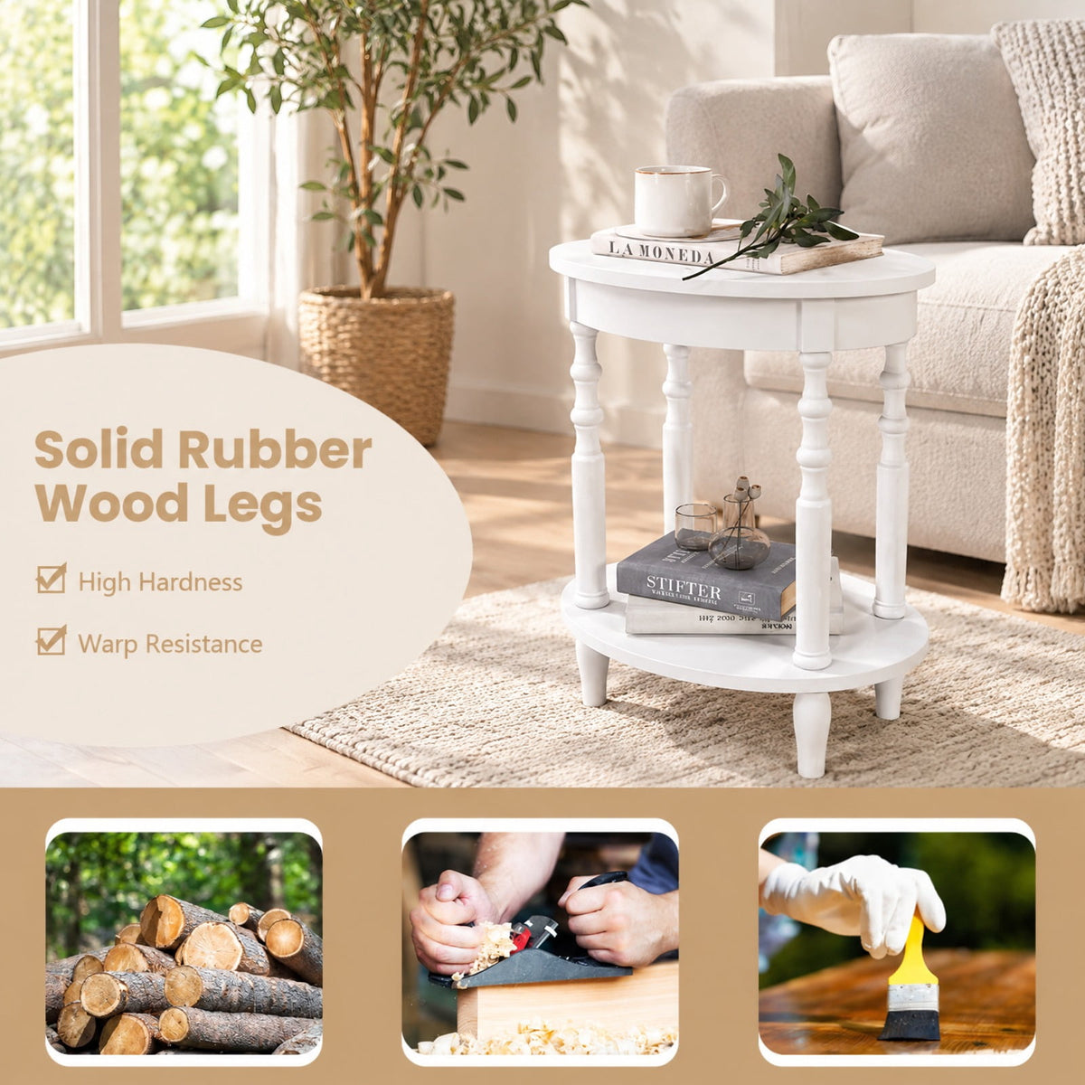 Airfind 2-Tier Oval Side Table with Storage Shelf and Solid Wood Legs, 245 lbs Capacity, MDF Rubber Wood Frame, White