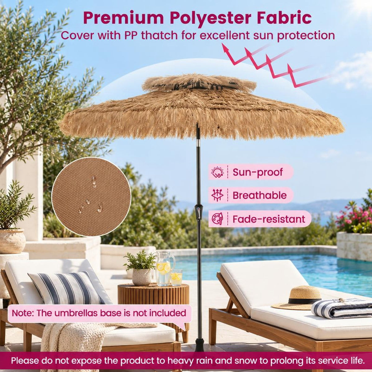 Airfind 9 Feet Thatched Tiki Umbrella with 8 Ribs, PE iron polyester fabric Frame, 9 x 9 x 8.3 (L x W x H) Tilt angle range: 0-30° Footprint