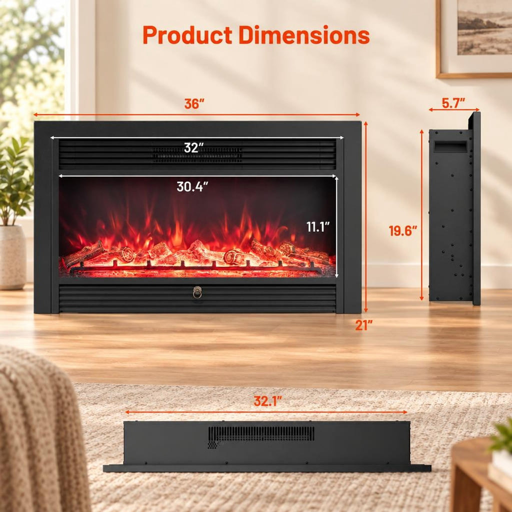 Airfind 33/36-Inch Electric Fireplace Insert 750W/1500W Recessed Fireplace Heater-1500W, Metal Tempered Glass Frame, Black