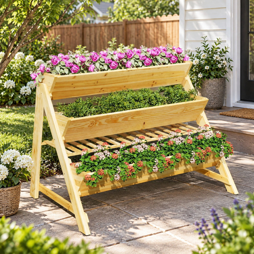 Airfind 3 Tier Wooden Vertical Raised Garden Bed with Storage Shelf, Fir wood Frame, 47 x 30 x 32 Footprint, Natural