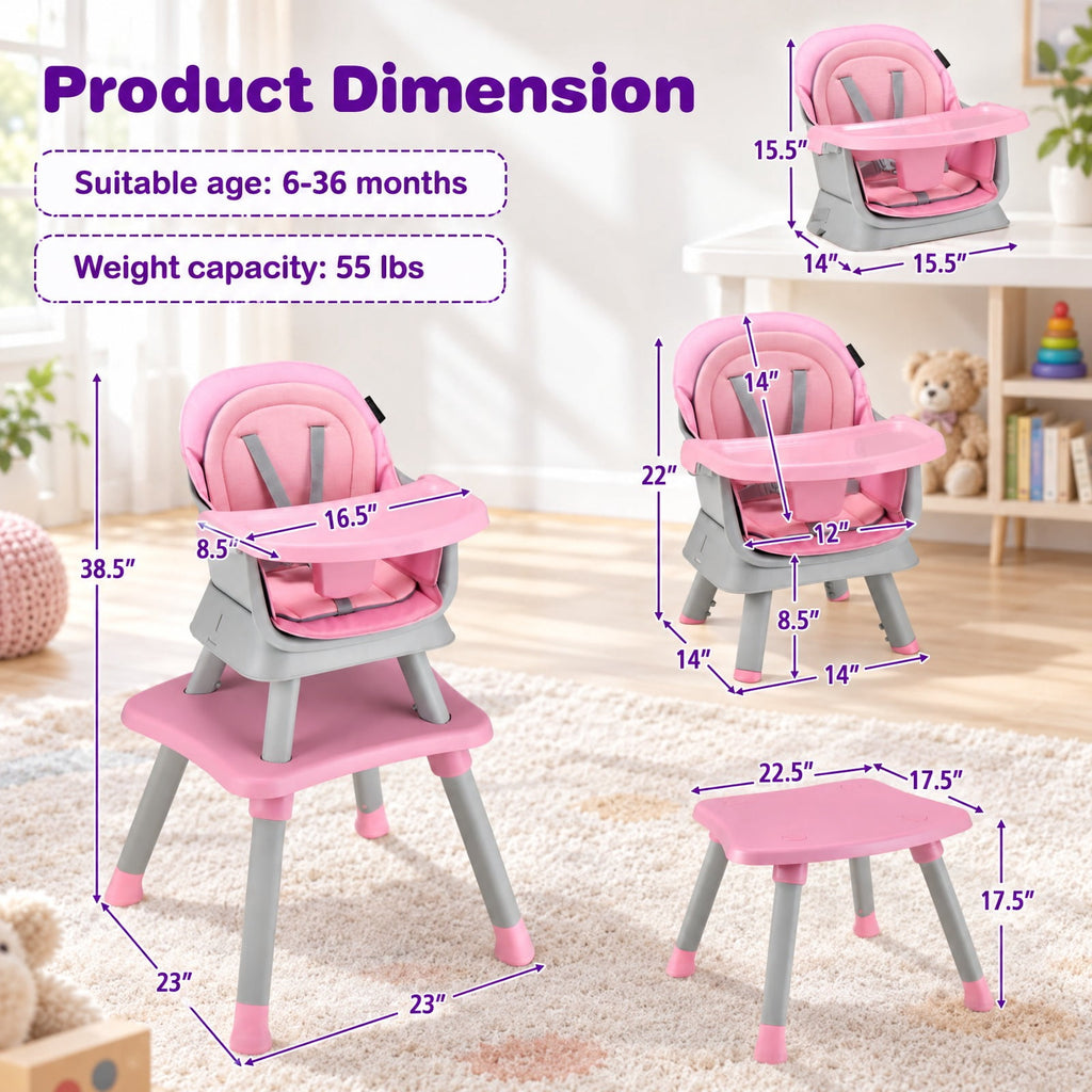 Airfind 6-in-1 Convertible Youth High Chair featuring Adjustable Removable Tray, 55 lbs Capacity, PP PU Fabric Frame, for 6-36 Months, Pink