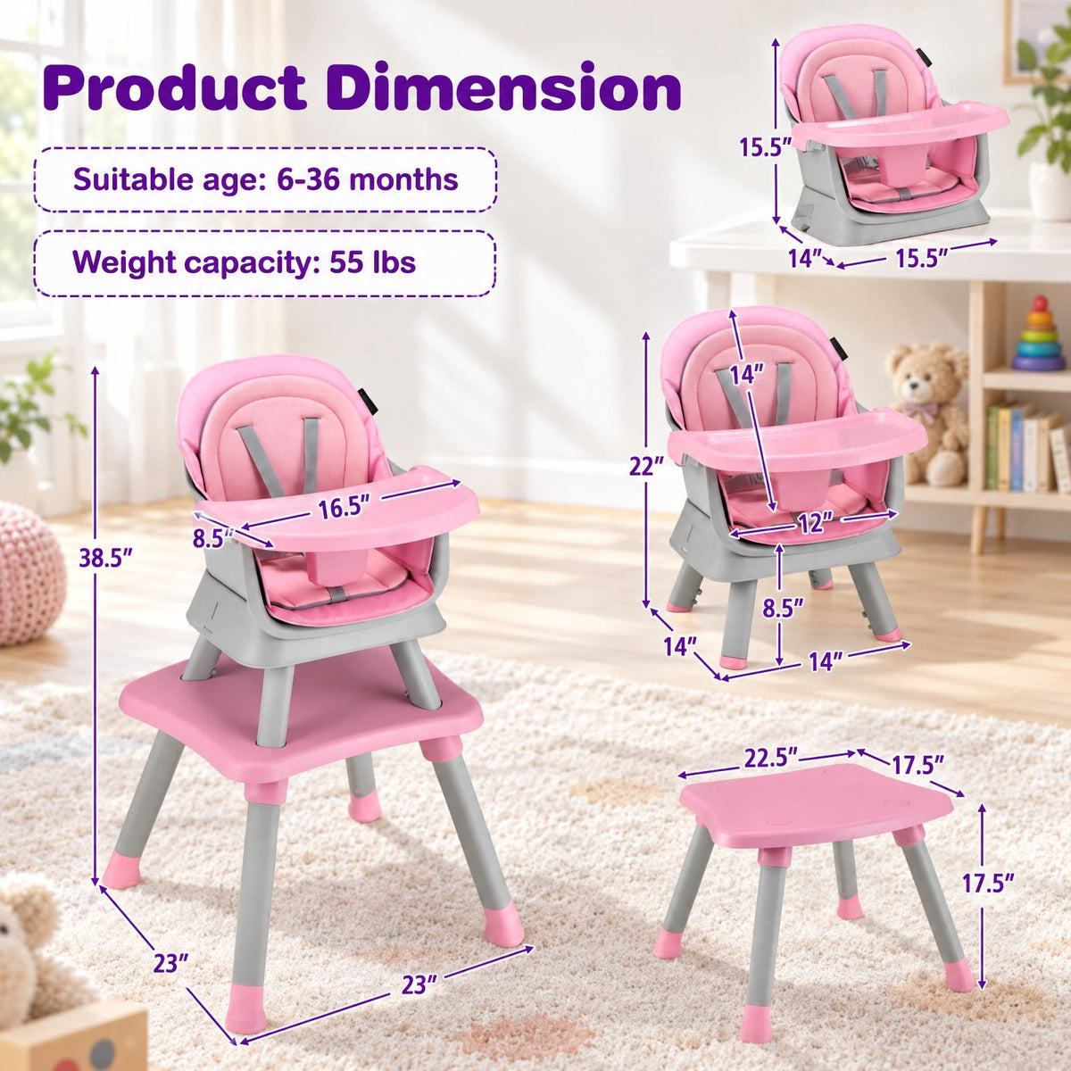 Airfind 6-in-1 Convertible Youth High Chair featuring Adjustable Removable Tray, 55 lbs Capacity, PP PU Fabric Frame, for 6-36 Months, Pink
