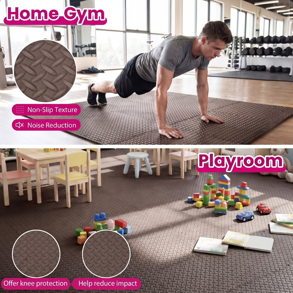 Airfind 12 Tiles Puzzle Exercise Floor Mat with Interlocking EVA Foam and Non-Slip Texture for Home Gym Equipment Protection, Brown