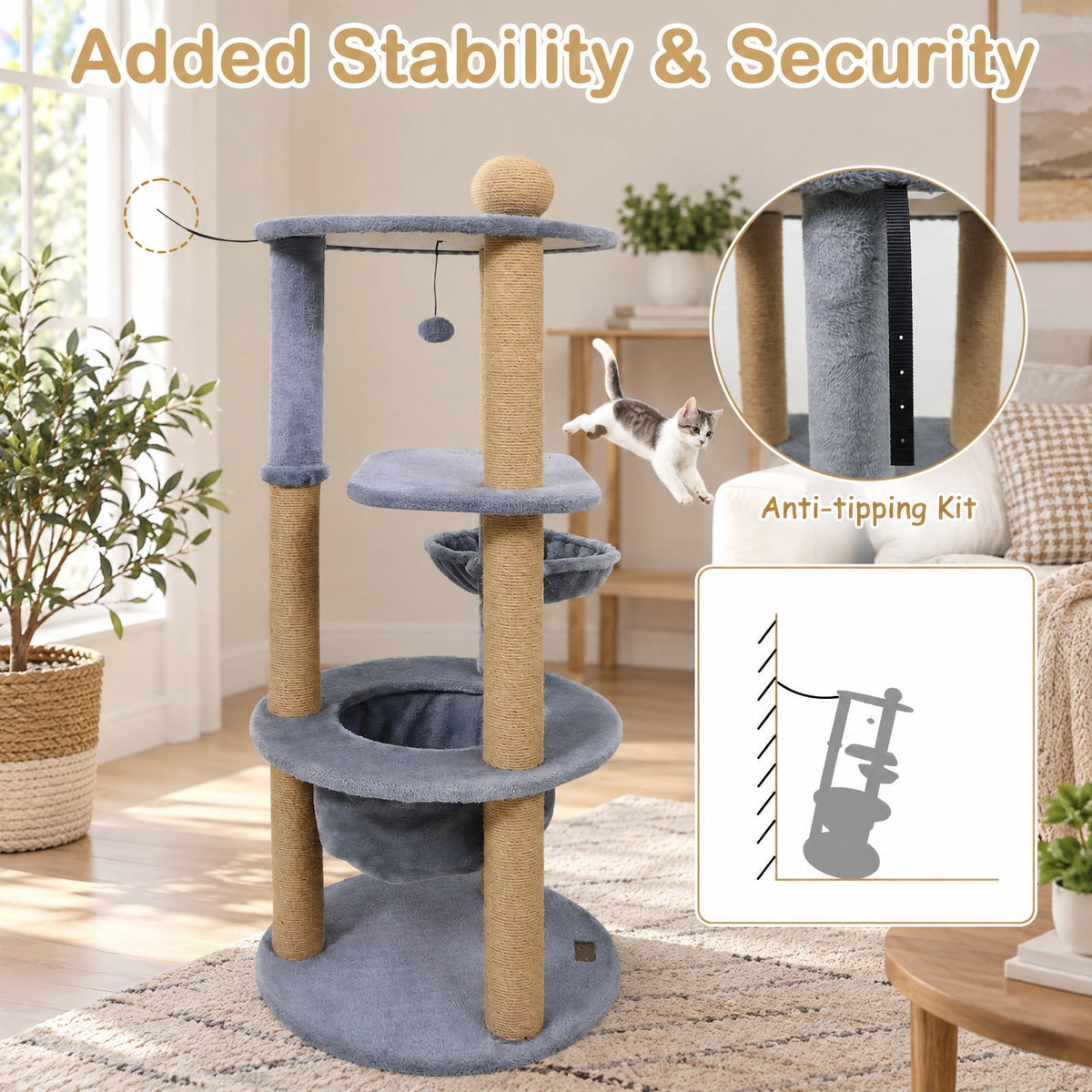Airfind 47 Inches Tall Cat Tower with Cat Nest and Scratching Posts, 33 lbs Capacity, Engineered Board Plush Jute Total Height 47 Base Frame, Gray
