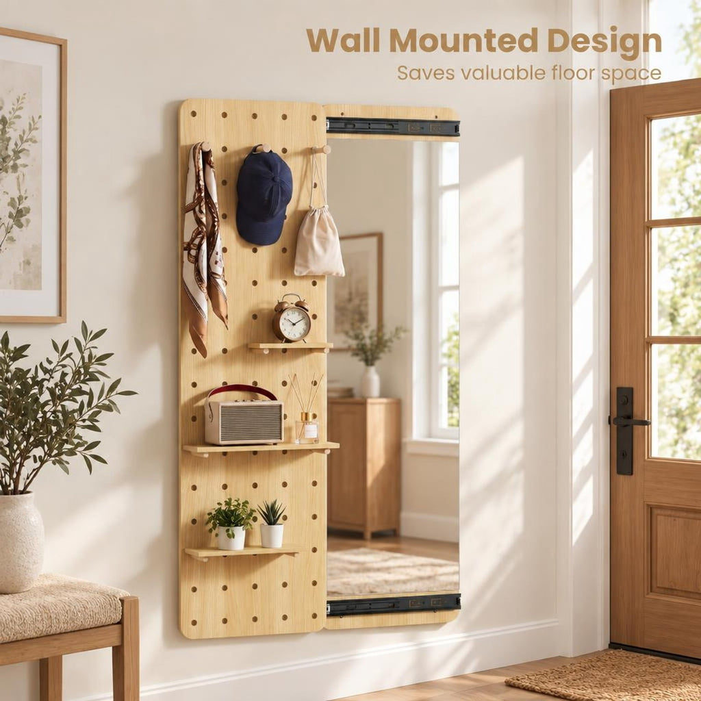 Airfind Solid Wood Full Length Mirror with Pegboard Shelves and Hooks for Entryway, Solid Wood Glass Frame, 16 x 5.5 x 55 Footprint, Natural
