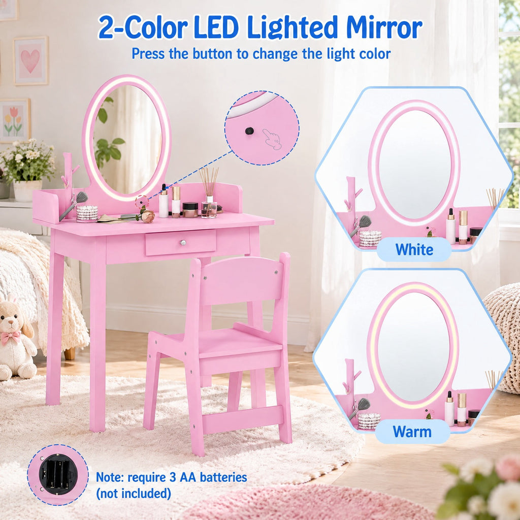 AIRFIND Kids Vanity Table and Chair with Lighted Acrylic Mirror, Drawer and Jewelry Organizer, Removable Mirror for Ages 3-8, Pink